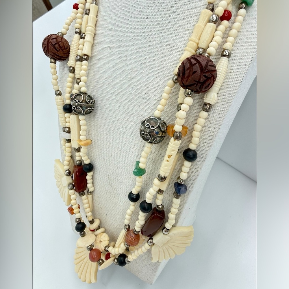 VTG 4 Strand Carved Bone Bead Necklace Jasper Carnelian Sodalite Agate Boho 24” - Picture 4 of 17